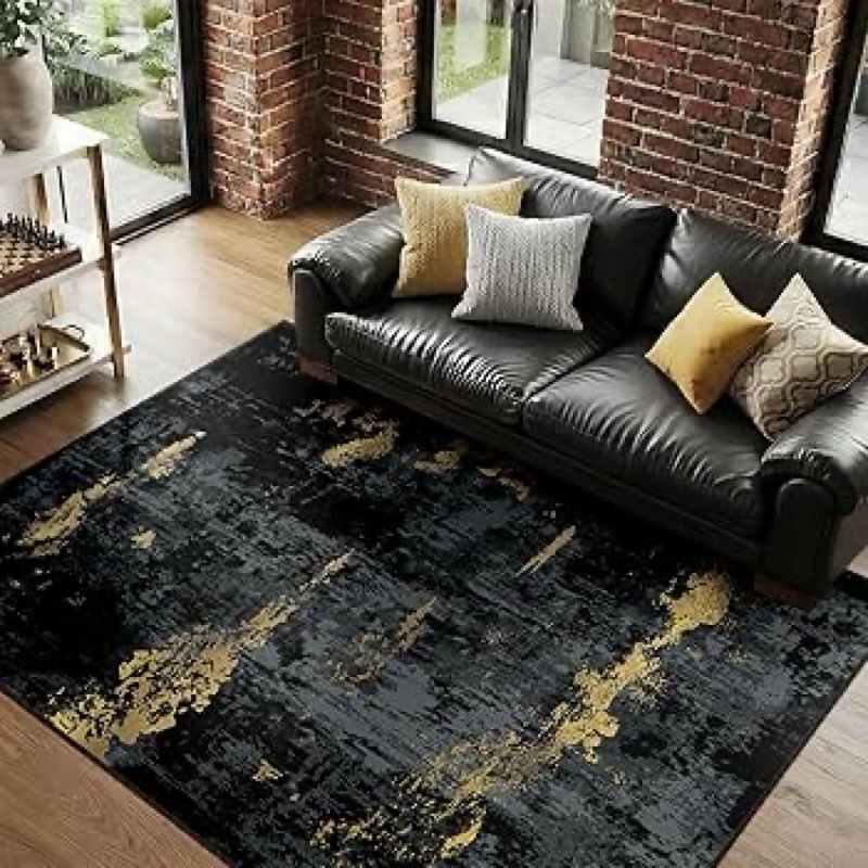 unknown size )))washable area rugs non-slip modern abstract soft for living room entryway bedroom kitchen, print pattern, dark black gold