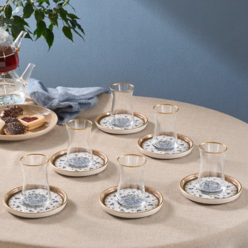 Karaca Elena 12-Piece Glass Turkish Tea Set for 6 People, 170ml, Multi