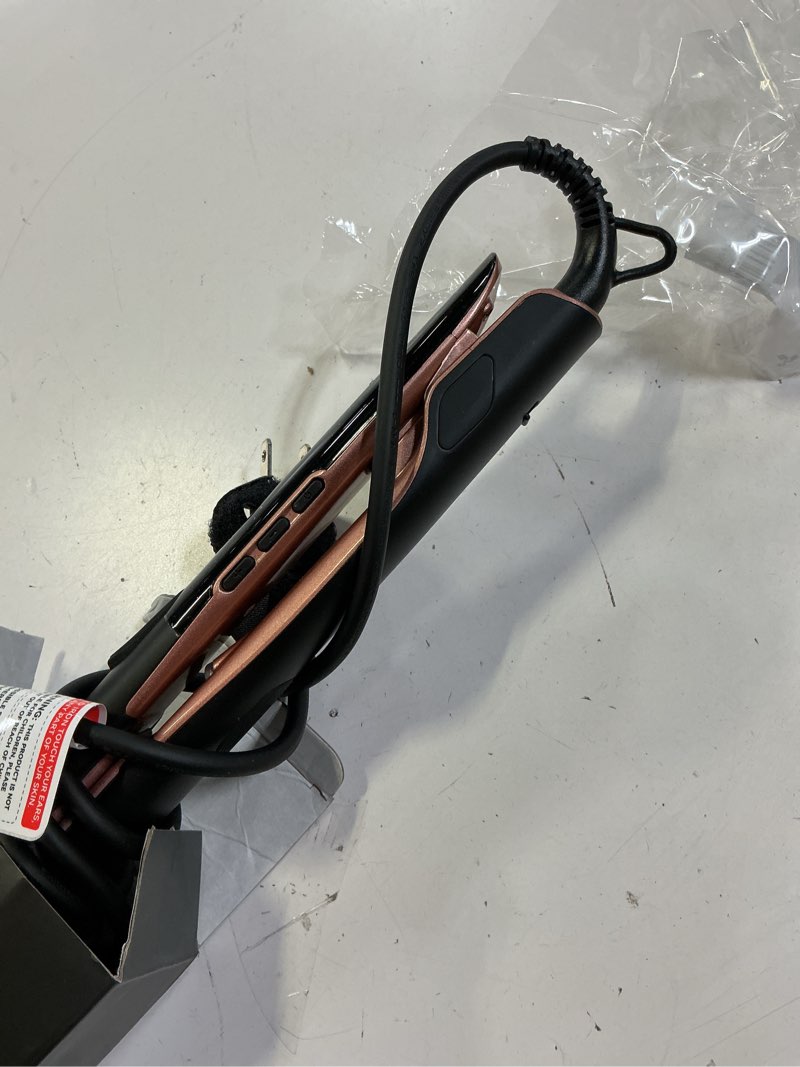 Condition photo showing Good Condition for hair straightener 1 inch flat iron and curler 2 in 1 titanium ceramic ionic dual voltage straightener with heat-resistant silicone, for less frizz, shinier & smoother 1 inch black/rose gold
