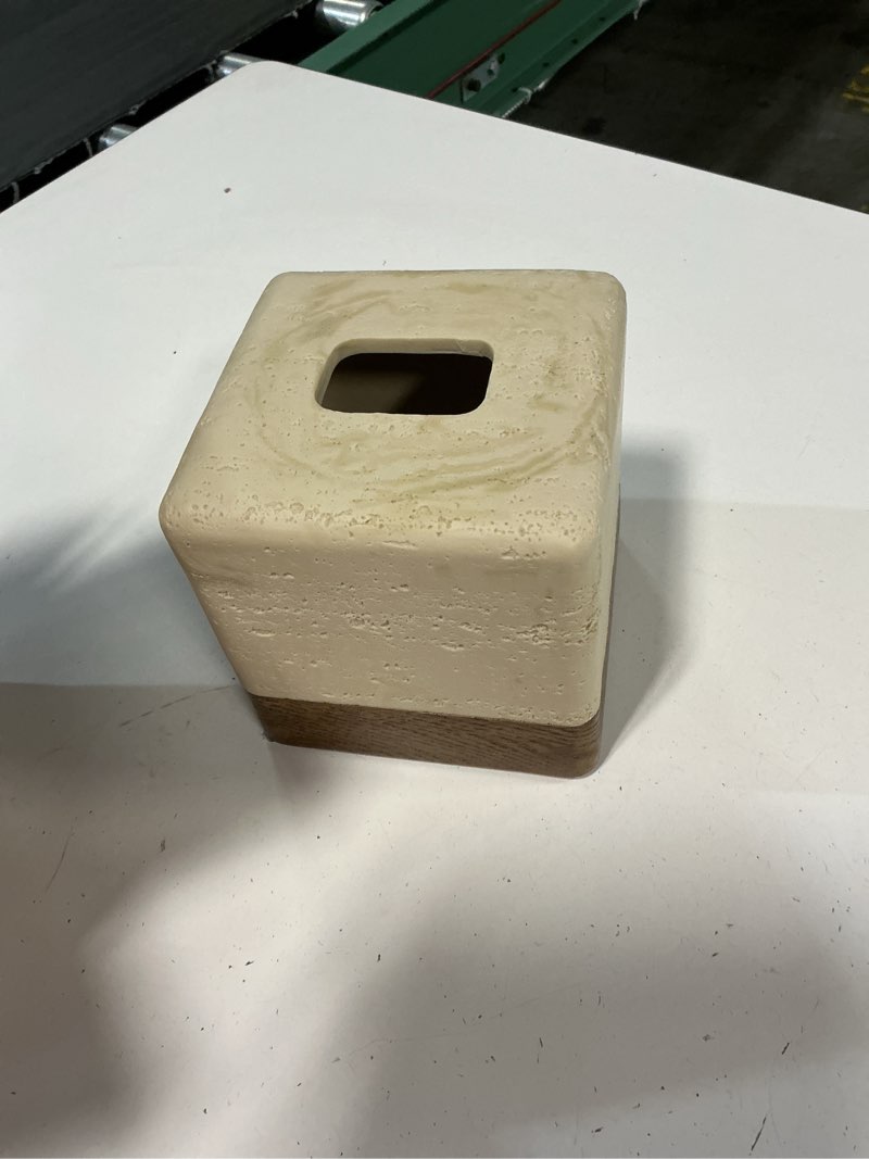 Condition photo showing Good Condition for natural travertine match wooden square tissue box cover decorative,resin heavy sturdy tissue box holder, facial paper holder for bathroom vanity countertop, bedroom night stand,office and end table a-travertine&wooden b-boho