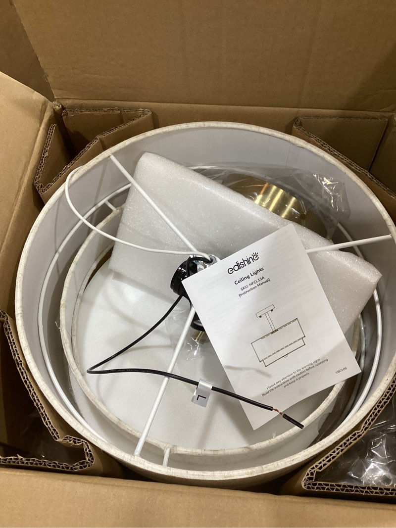 Condition photo showing Good Condition for edishine 12.6inch semi flush mount ceiling light, 3-light close to ceiling light fixtures with double drum linen fabric shade, modern mount lamp for bedroom hallway dining room, brushed gold