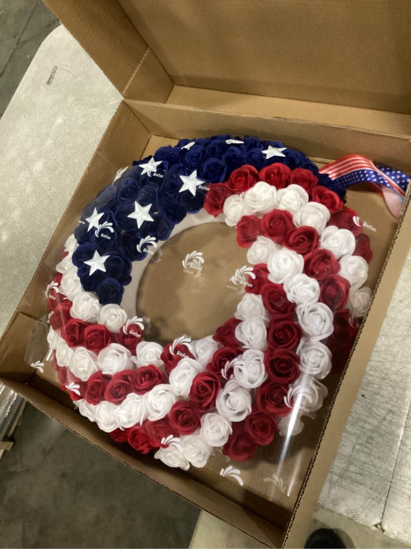 Condition photo showing New/Like New for silk roses 4th of july wreath - red white blue patriotic wreaths for front door, memorial & independence day decorations, americana decor for porch door wall window indoor outdoor (18“)