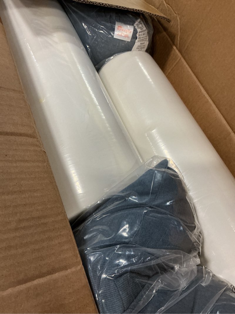Condition photo showing New/Like New for sunbrella outdoor chaise lounge cushion set of 2 with head pillow and side pockets, water repellent patio recliner lounge chair cushions for lawn, pool & beach (denim blue, 72" x 21") 72"x 21" sunbrella denim blue 2