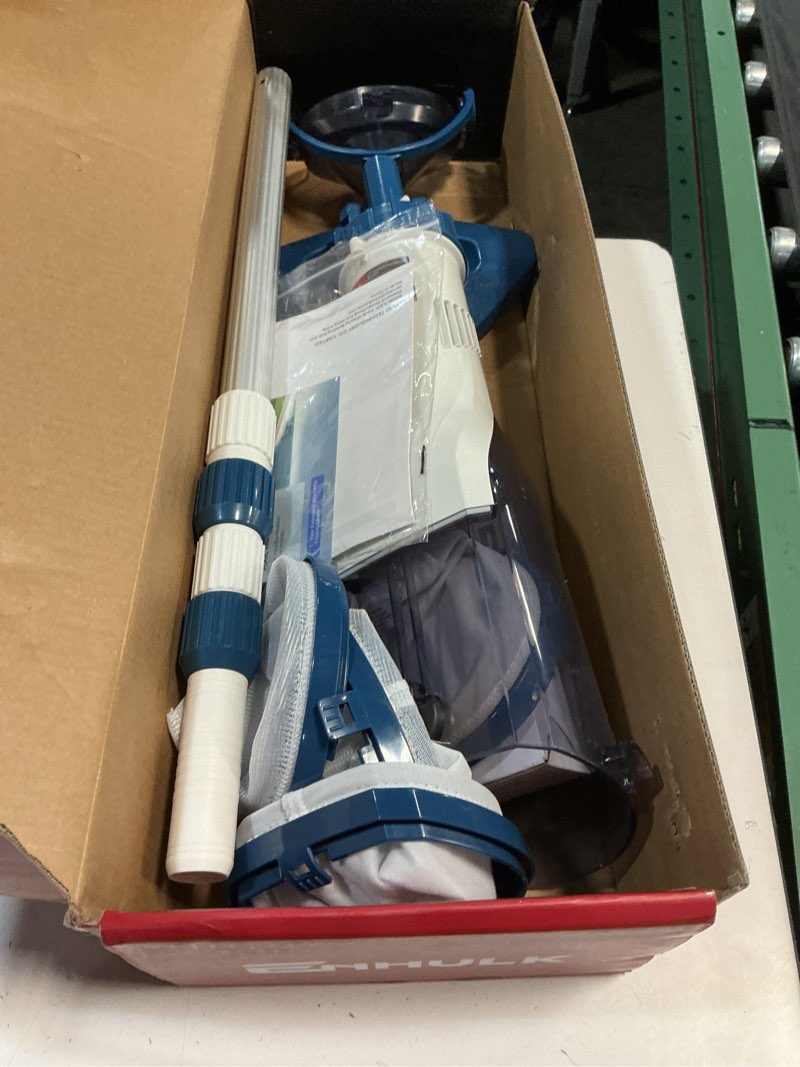 Condition photo showing As Is for pool vacuum for above ground pool with a telescopic pole, running time up to 1h, handheld rechargeable pool cleaner with powerful suction up to 18.5 gallons/min, ideal for leaves & debris, pc10 pc10 blue
