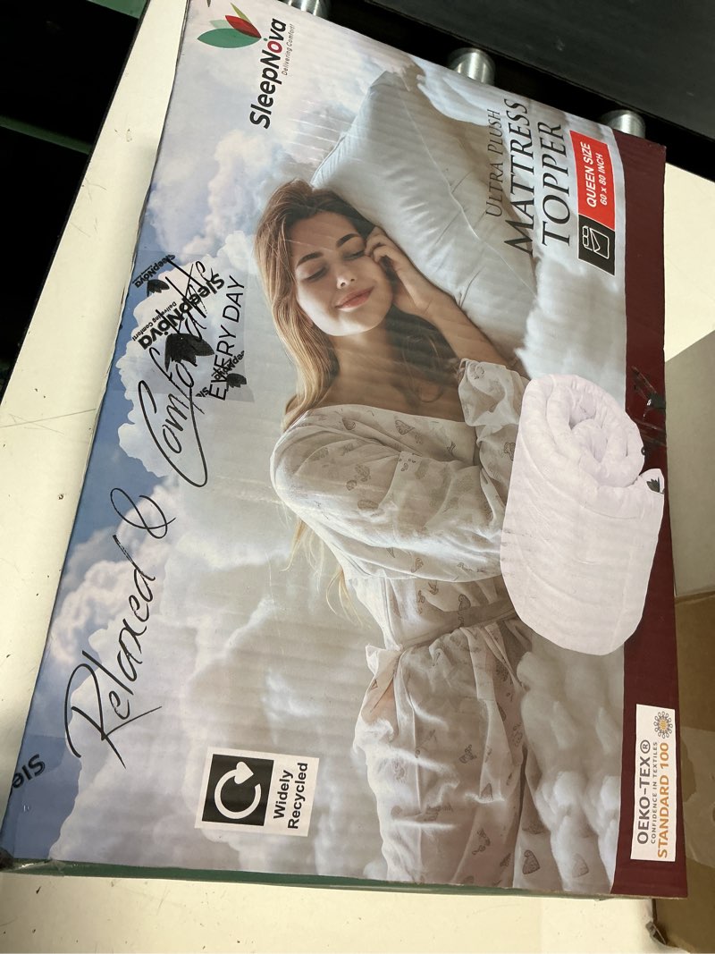 Condition photo showing New/Like New for sleepnova's cooling mattress topper queen size bed – 100% cotton pillow top that keeps you cool, relieves back pain & adds cloud-like comfort with deep pocket fit (8”-21”), soft & machine washable