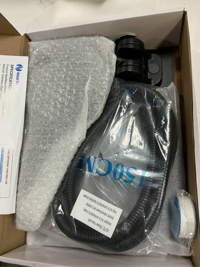 Condition photo showing Good Condition for nearmoon shower head with hose, high pressure stainless steel rain shower and 3 settings handheld spray combo with push button flow control (8 inch, matte black) matte black 8 inch