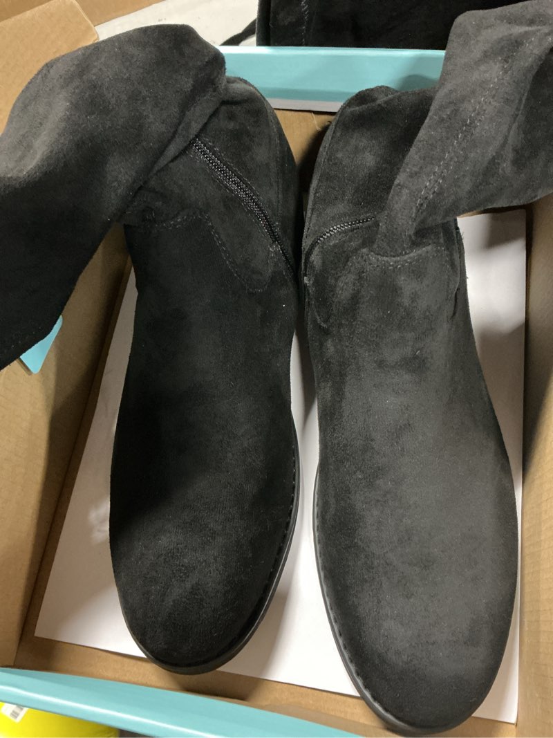 Condition photo showing Good Condition for women's synthetic suede over the knee flat heel thigh high boots | dressy casual thigh high boots,long tall knee high boots ,side zipper, tie-back top,fall,dating,outfit,weekend