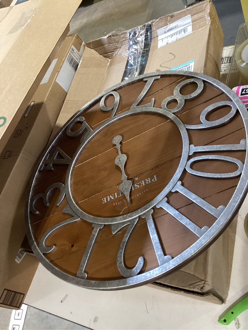 Condition photo showing As Is for presentime & co vintage farmhouse shiplap clock, 19.5 inch, silver arabic numerals with weathered pine wood shiplap style. large farmhouse decor for living room, entryway, home office, wall décor silver with weathered pine wood