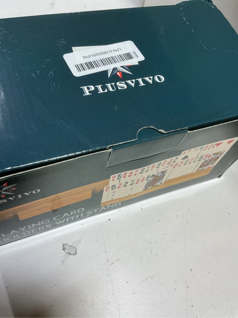 Condition photo showing Good Condition for card holders for playing cards with adjustable stand set of 4, playing cards holders organizer for adults seniors kids, 5 slots wooden card holder for canasta hand and foot bridge