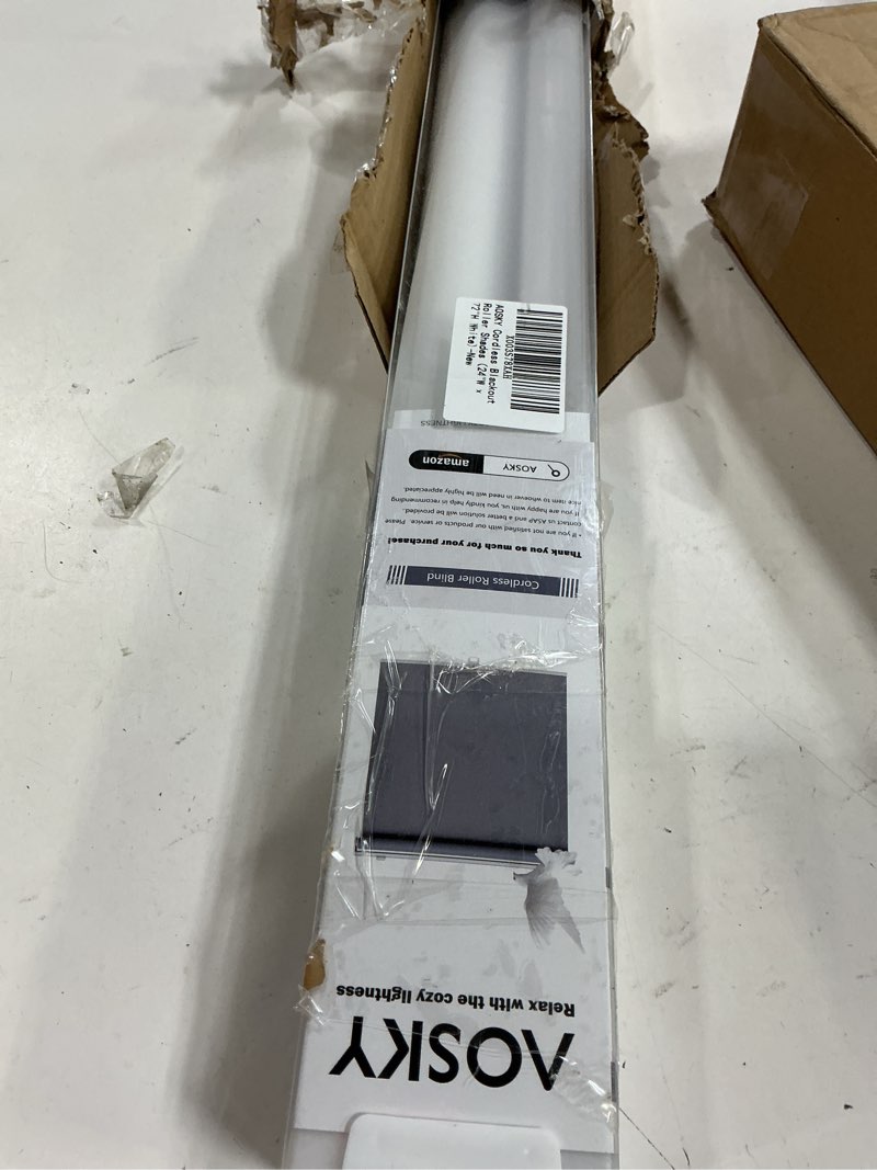 Condition photo showing New/Like New for aosky cordless roller shades blackout blinds for windows room darkening rolled up shades with spring system, uv protection window shades door blinds for home and office (24" w x 72" h,white) 24"w x 72"h white