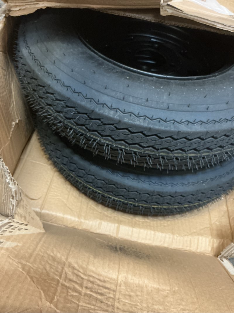Condition photo showing As Is for garveetech 2-pack trailer tire on rim 5.30-12 530-12 5.30x12 trailer tires and 4  lug on 4 in pcd 12 in wheels load range c 6pr black
