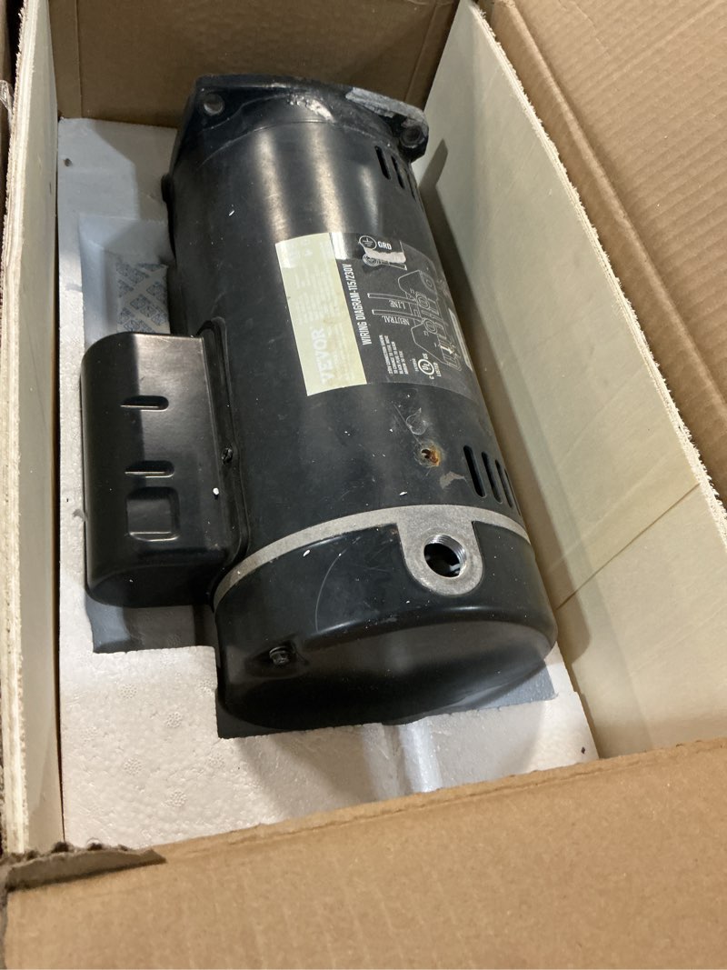 Condition photo showing As Is for vevor 1.5 hp pool pump motor, 56y frame, 115v((12.8 amps))/230v(6.4 amps) 3450 rpm, 60hz, 1.1 service factor, 90?f/250v capacitor, ccw rotation square flange replacement motor