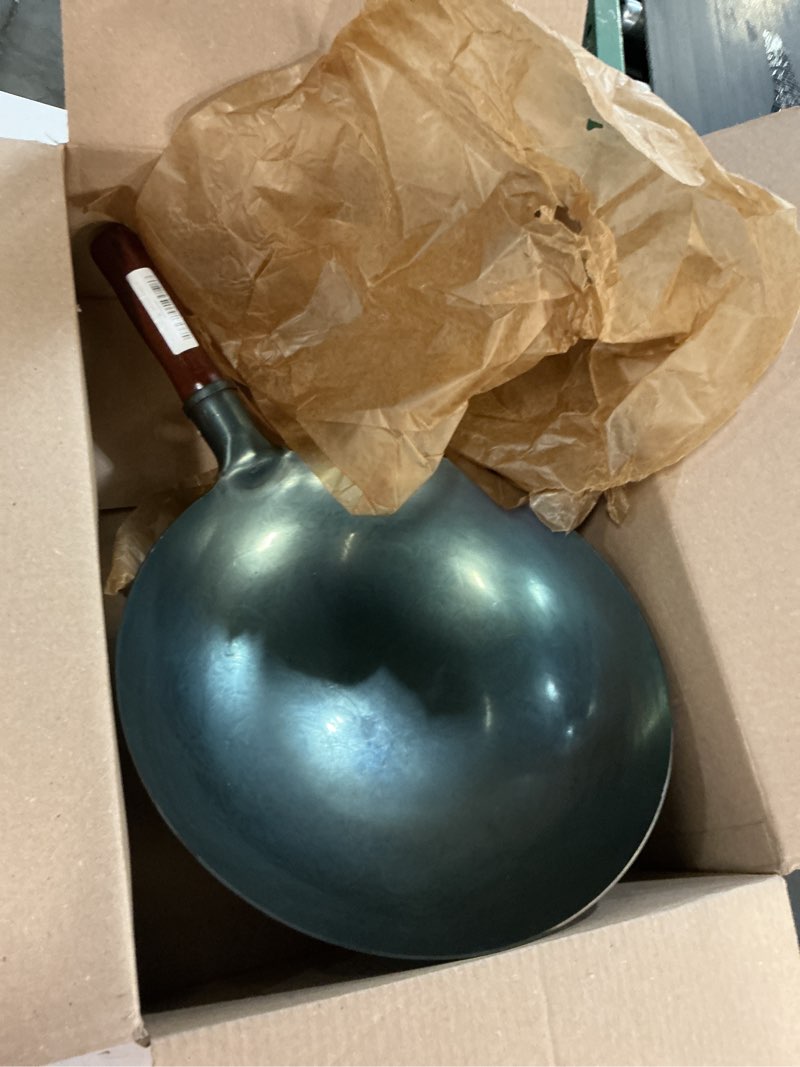 Condition photo showing As Is for carbon steel wok traditional hand hammered wok,14 inch,round bottom(roasted blue)