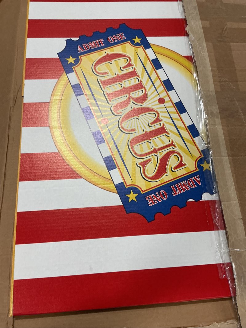 Condition photo showing As Is for Beistle 3-D Circus Ticket Booth Prop – Large Cardboard Carnival Standee with Classic Marquee Sign, Circus-Themed Photo Booth and Fair Party Decoration, Freestanding Display for Birthdays, 6’1” x 35¼”
