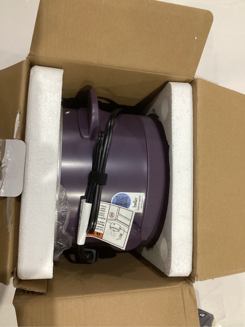 Condition photo showing Good Condition for bella 1.5 qt slow cooker with 3 heat manual control, ceramic nonstick coating, dishwasher safe stoneware pot and tempered glass lid, tangle free cord wrap & cool touch handles, plum