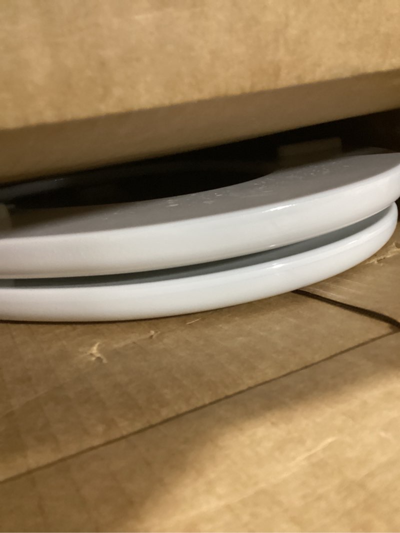 Condition photo showing As Is for mayfair linden slow close toilet seat, non slip heavy duty wood, easy install, elongated, white elongated traditional hinge