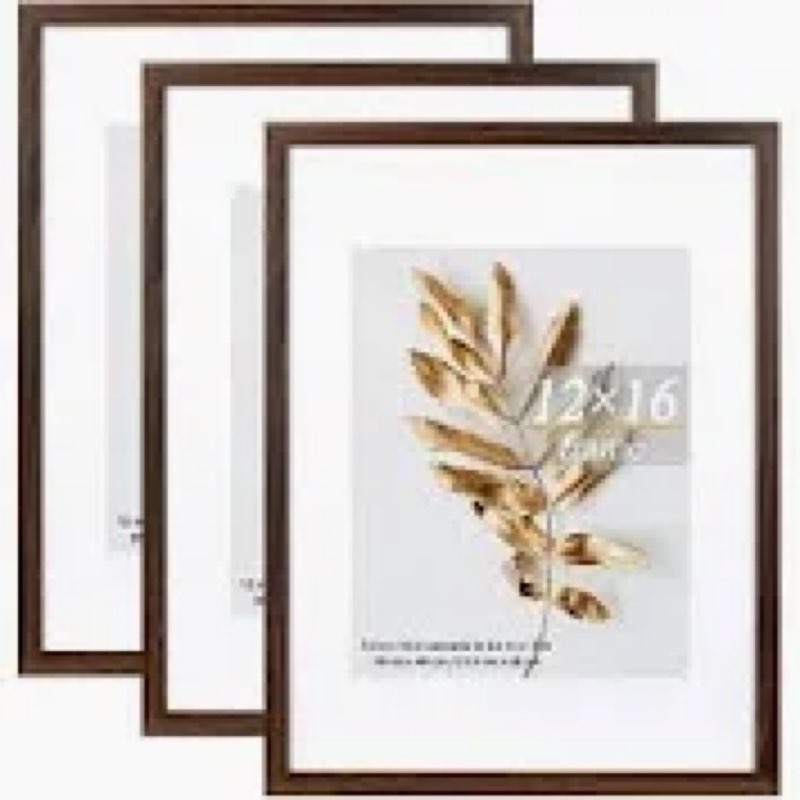 YESKAY 12x16 Picture Frame 3 Pack - Brown Poster Frame Display Pictures 8.5x11 with Mat or 12 x 16 W