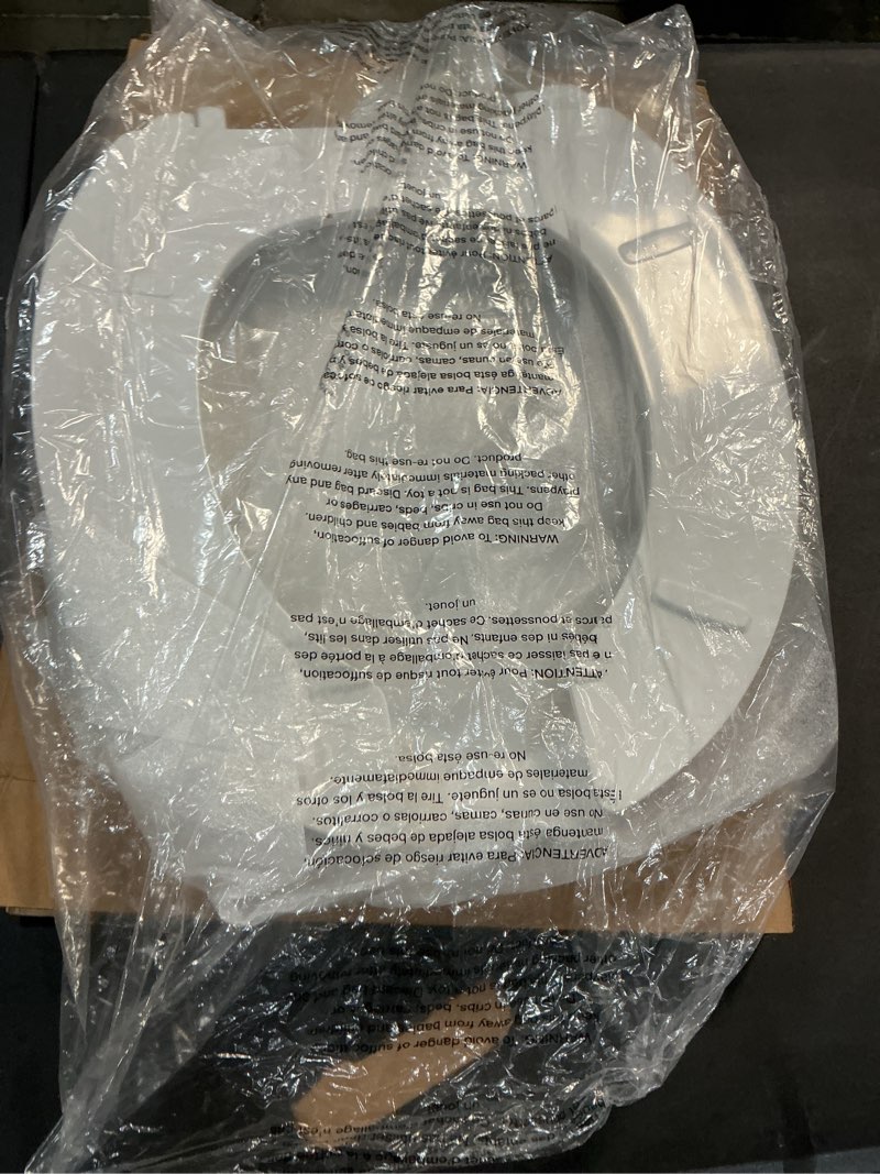 Condition photo showing As Is for centoco round toilet seat, lock in place, commercial, usa, white | fast-n-lock mounting, open front with cover, plastic, 460stsfe-001, made in the usa round fast-n-lock mount