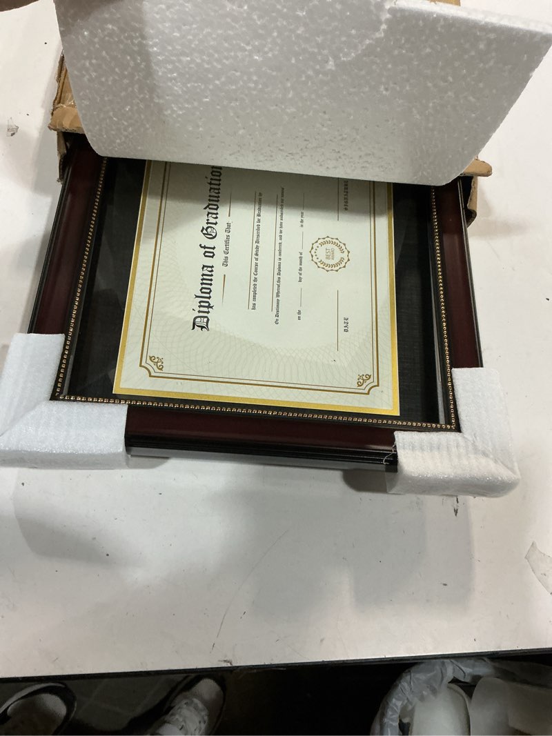 Condition photo showing As Is for graduationmall 11x17 mahogany diploma frame with tassel holder for 8.5x11 certificate document,real glass, black over gold mat mahogany with gold beads diploma + tassel