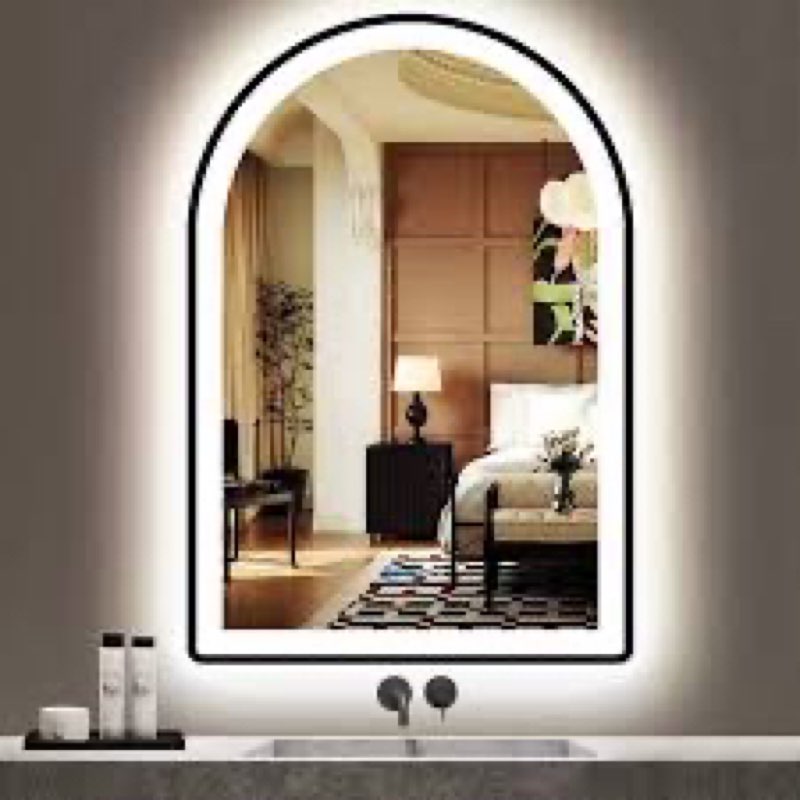 arched led bathroom mirror, 30"x20" led mirror with frontlit, arch backlit mirrors black framed anti