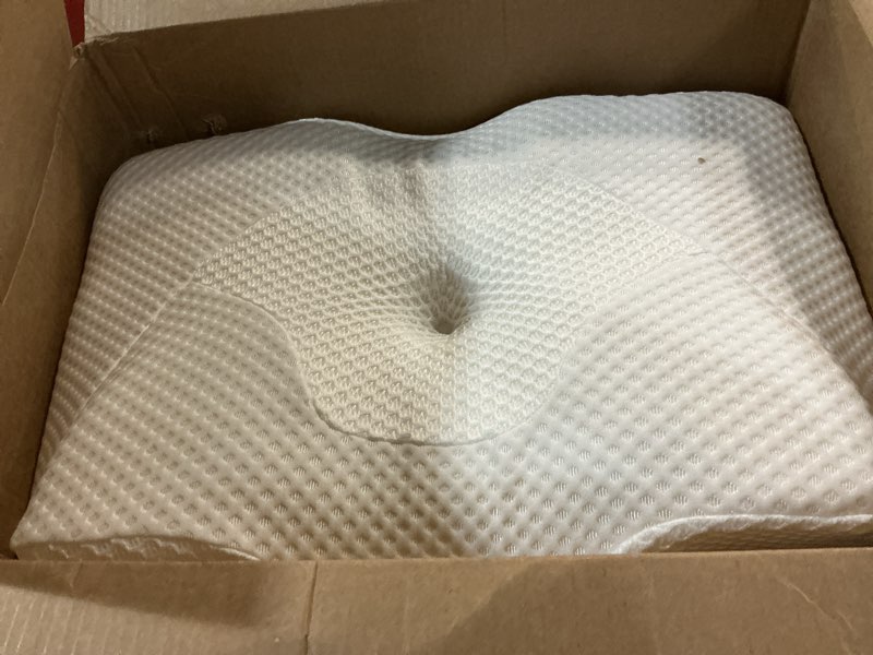 Condition photo showing As Is for osteo cervical pillow for neck pain relief, hollow design odorless memory foam pillows with cooling case, adjustable orthopedic bed pillow for sleeping, support for side back sleepers queen(25.5*16.5*5.2/4.1 inches) white