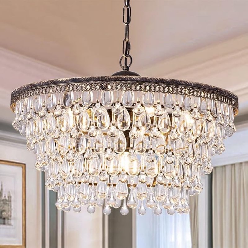 wellmet crystal chandelier, 6-light 5 tiers farmhouse bronze ceiling lighting fixture, modern foyer dining room chandeliers for bedroom, hallway, bar, kitchen, w20-inch