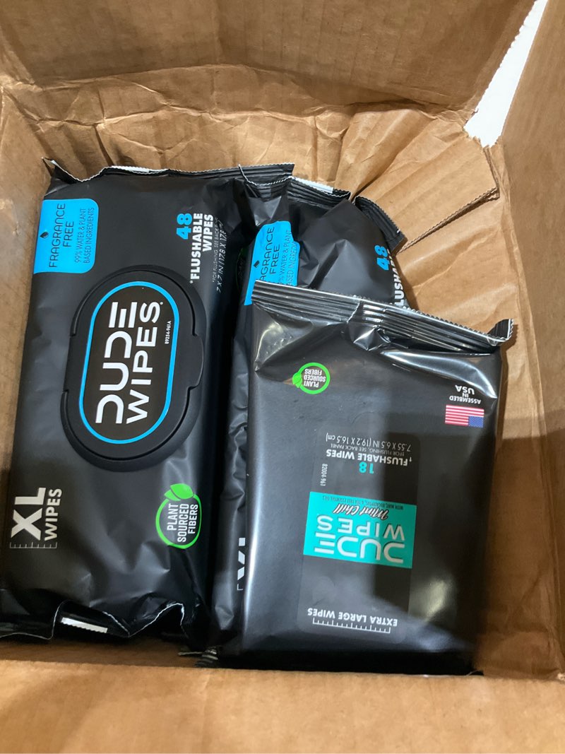 Condition photo showing As Is for dude wipes - flushable wipes - 8-pack, 384 count - unscented + mint chill travel pack 1-pack, 18-count - extra-large - vitamin-e & aloe - septic and sewer safe fragrance free 48 count (pack of 8)