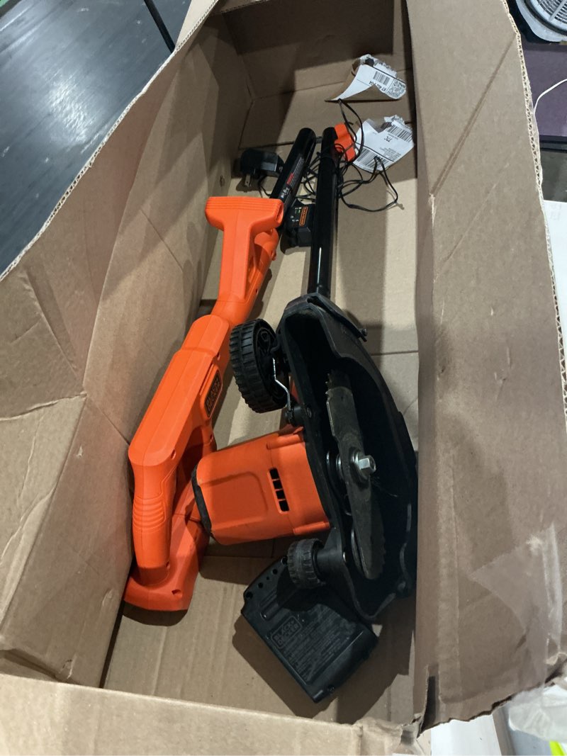 Condition photo showing As Is for black+decker 20v max cordless edger lawn kit, 1.5 ah battery & charger included, 4 position adjustable height, lightweight, 7.5" double edge blade (bced400c1)