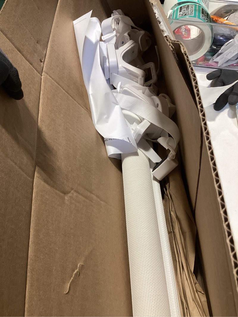 Condition photo showing Good Condition for upgraded retractable baby gates for stairs & banister, mesh dog gate indoor, extends to 55" wide 33" tall, child safety gate for stairway, banister & wall mount (white)