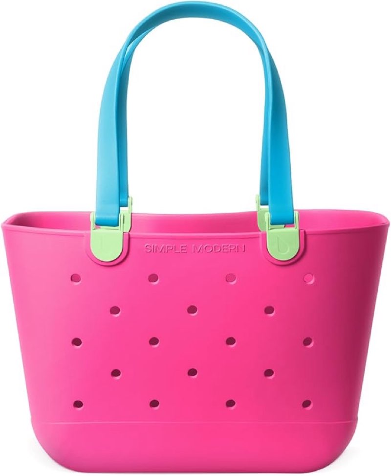 simple modern large beach bag | waterproof getaway rubber tote with zipper pocket for travel, pool, boat, groceries, sports | 80s mix
