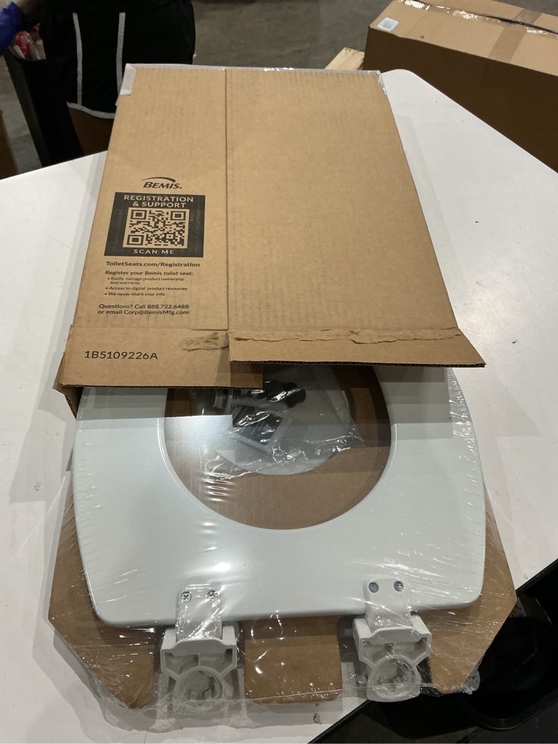 Condition photo showing Good Condition for church toilet seat, easy clean hinges release for deep cleans, durable enameled wood seat, elongated, white elongated white