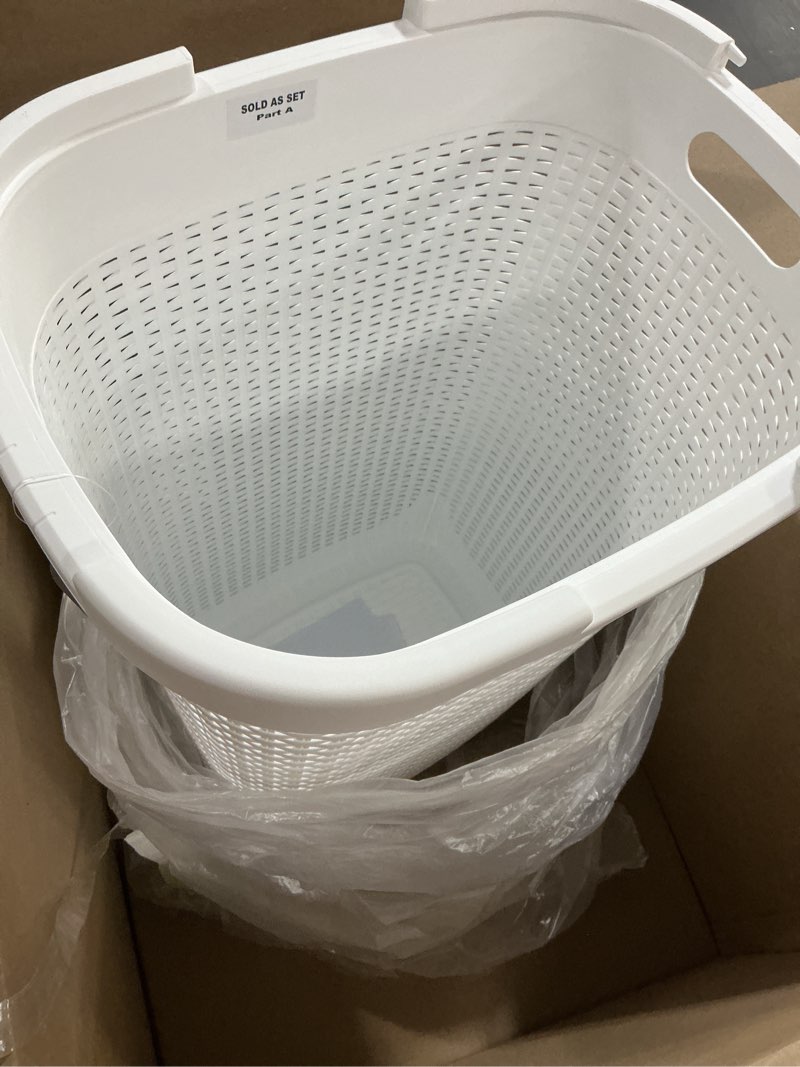 Condition photo showing As Is for mind reader slim laundry hamper with lid, 60l tall clothes basket, narrow tapered design for bathrooms, closets and laundry rooms, plastic, white white 1 piece