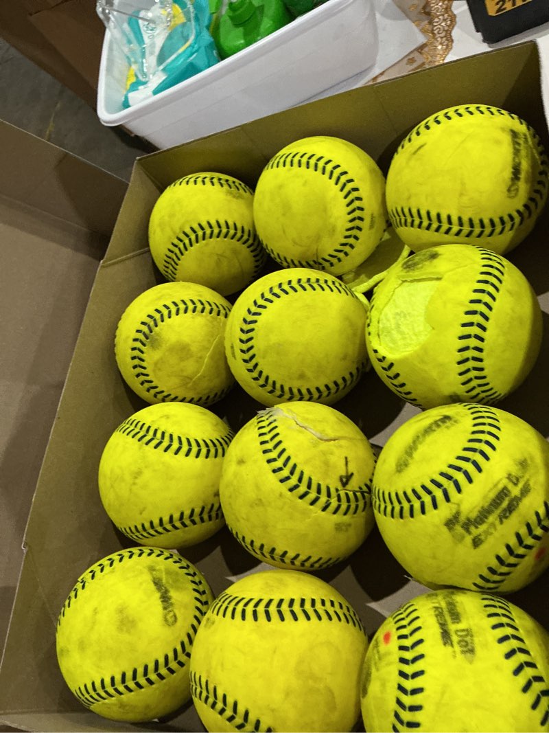 Condition photo showing As Is for worth | batting practice slowpitch softballs | bp platinum dot extreme | 12' | box of 12