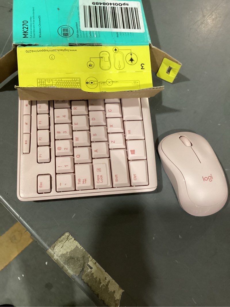 Condition photo showing New/Like New for logitech mk270 wireless keyboard and mouse combo for windows, 2.4 ghz wireless, compact mouse, 8 multimedia and shortcut keys, 2-year battery life, for pc, laptop - rose rose 1 pack combo