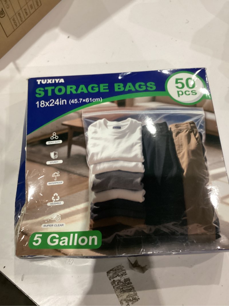 Condition photo showing As Is for 50PACK 5 Gallon Large Zipper Bags for Storage 18 x 24 Inch, Large Clear Zipper Bags Reusable with Sealable Zippers Top for Clothes, Travel & Moving,Thick 4 Mil 18x24 Inch(Pack of 50)