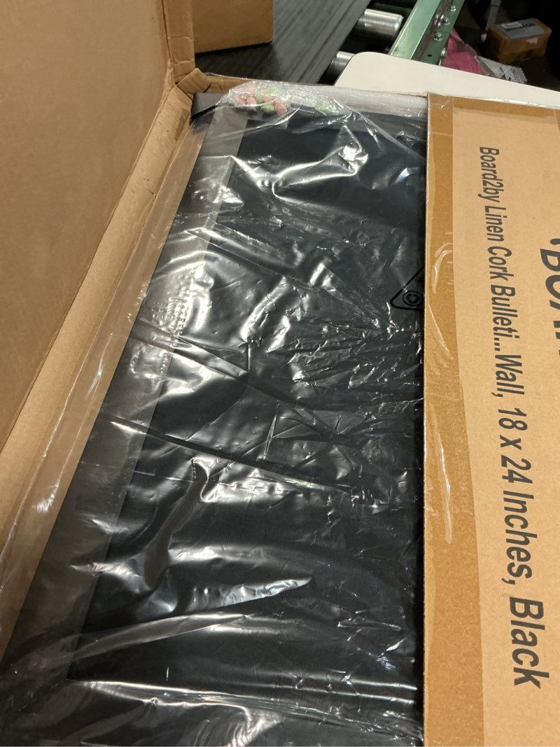 Condition photo showing Good Condition for board2by black cork board bulletin board with linen, wood framed 24" x 18" corkboard, office board for wall decor, wall mounted pin board picture board with 20 pushpins for school, home & office black 24" x 18"