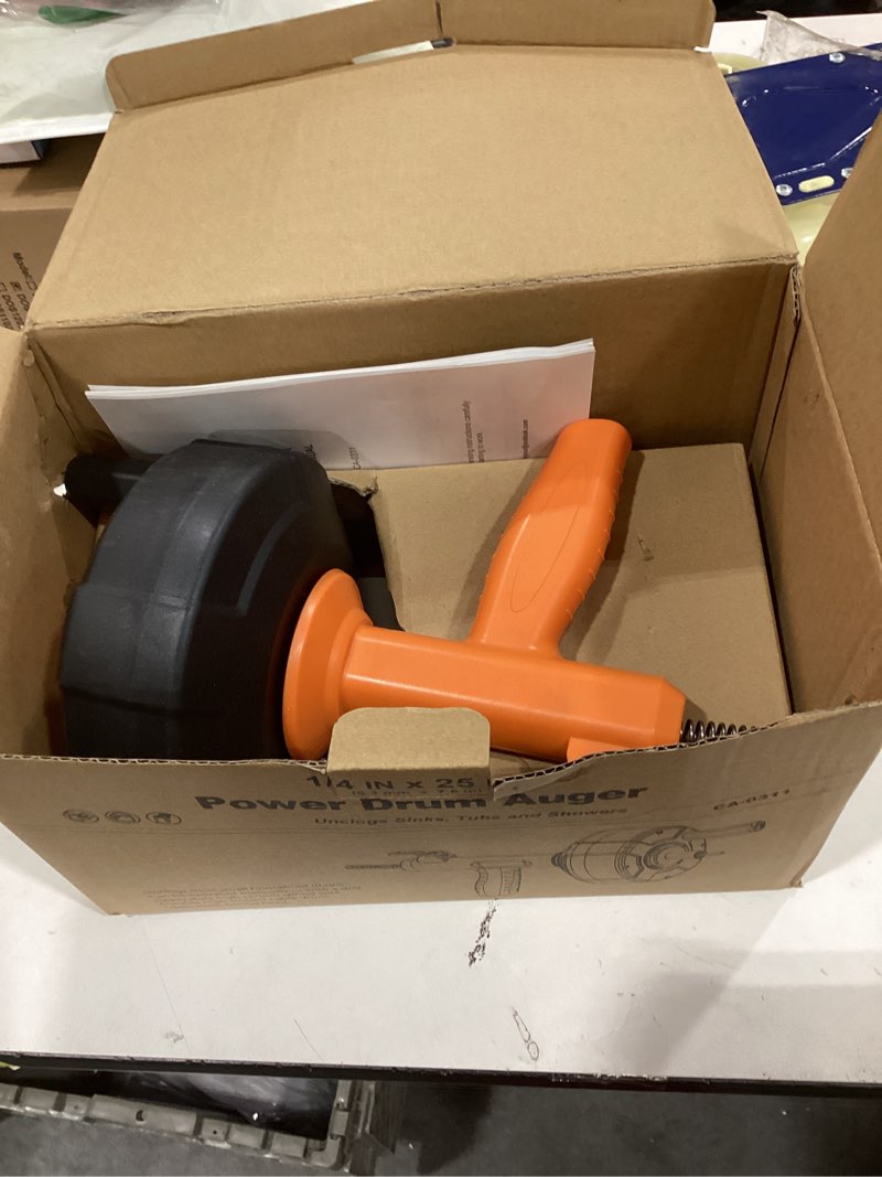 Condition photo showing New/Like New for Drain Snake, Drain Auger with Drill Attachment, 25 Feet Plumbing Snake Auto Feed Flexible Hair Drain Clog Remover for Kitchen, Bathrom and Shower Sink with Gloves Orange