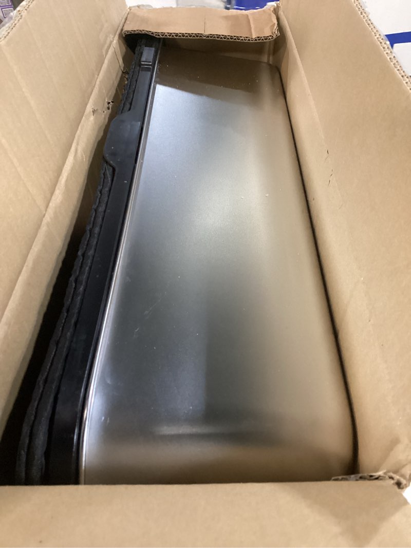 Condition photo showing As Is for extra large stainless steel litter box with lid, high sided enclosed metal cat litter pan, dog proof front entry top exit, odor control easy clean leak proof, includes mat, scoop & step, black