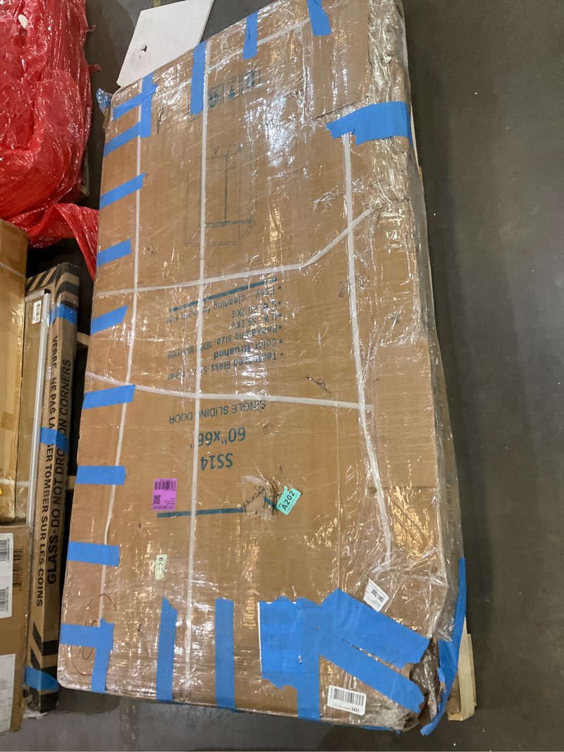 Condition photo showing As Is for Bathtub Shower Door, 57"- 60" W x 66" H, Single Sliding Soft-Close Shower Door, SGCC Certified 5/16" (8 mm) Clear Tempered Glass, Brushed Nickel Finish Brushed Nickel 60" W x 66" H