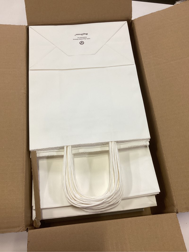 Condition photo showing Good Condition for bagdream gift bags 8x4.25x10.5 100pcs kraft paper bags with handles bulk, white gift bags medium shopping retail merchandise wedding party favor bags, paper grocery bags sacks recyclable