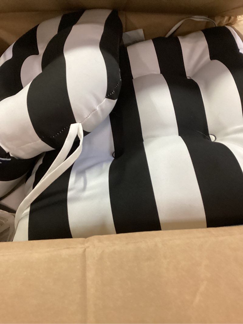 Condition photo showing New/Like New for arden plush indoor/outdoor rocking chair cushion set, 18 x 20, water repellent, fade resistant, tufted cushion for rocking chairs black cabana stripe rocking chair cushion black cabana stripe pkc 4