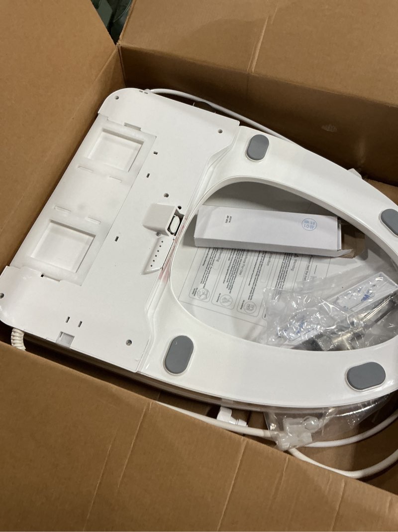 Condition photo showing As Is for electric bidet toilet seat, elongated, warm water with air dryer, heated seat and slow close lid, front and rear wash, led nightlight, wireless remote, white, 101 oval