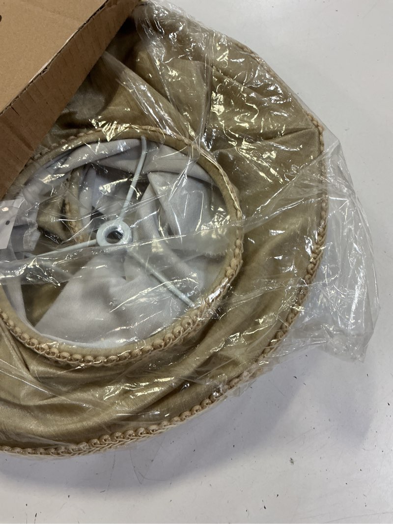 Condition photo showing Good Condition for gold scalloepd lamp shades set of 2, 6.1"top x 13"bottom x 9.8"high, bell lamp shades for floor lamps table lamps, medium lampshade with petal edge braid, spider, harp holders included, easy assembly