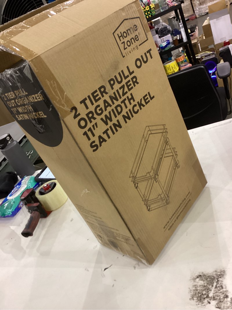 Condition photo showing New/Like New for Home Zone Living Pull Out Kitchen Cabinet Organizer with 2 Tiers of Storage for Easy Access, 12”W x 20”D, Satin Nickel With Light Brown, Virtuoso Collection 2 Tier | 12" Width Satin Nickel