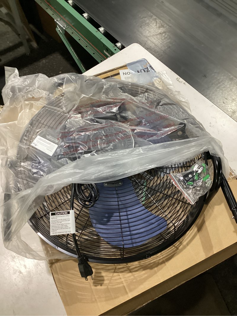 Condition photo showing New/Like New for tempware 20 inch high velocity industrial floor fan, 3-speed heavy duty metal cradle floor fans with 360° tilt for warehouse, workshop, garage, factory and basement, black & blue