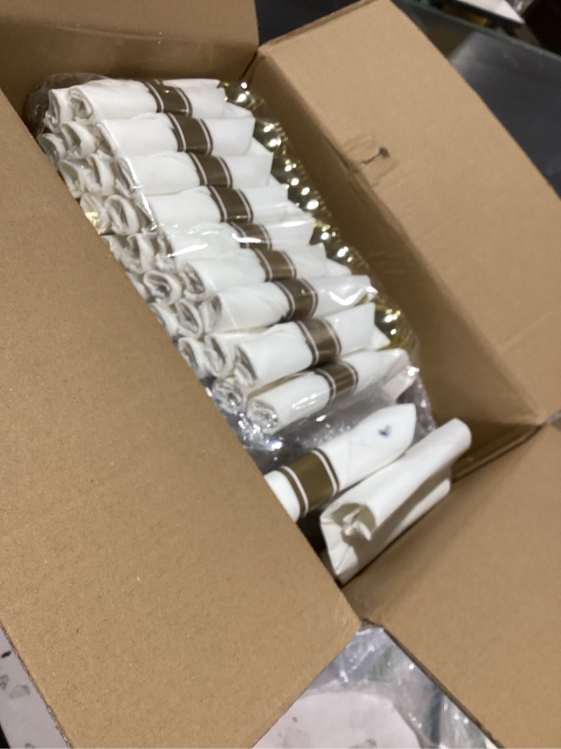 Condition photo showing As Is for goodluck 350 piece gold plastic dinnerware set for party, clear disposable plates for 50 guests, include: 50 dinner plastic plates, 50 dessert plates, 50 pre rolled napkins with cutlery set, 50 cups gold 350 piece (50 guests)