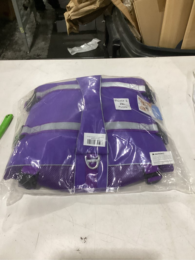Condition photo showing New/Like New for kuoser dog life jacket, high flotation dog life vest for swimming boating, adjustable ripstop pet lifesaver for small medium and large dogs, reflective safety puppy swimming vest with rescue handle xx-large (chest girth:30.71-38.58'') purple