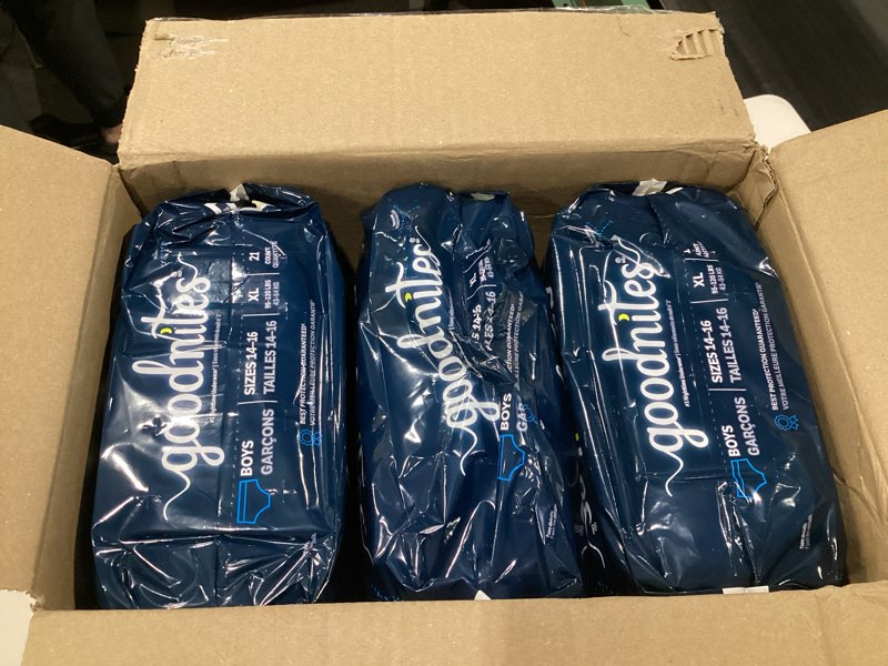Condition photo showing Good Condition for Goodnites Boys' Nighttime Bedwetting Underwear, Size Extra Large (95-120 lbs), 63 Ct (3 Packs of 21), Packaging May Vary X-Large 63