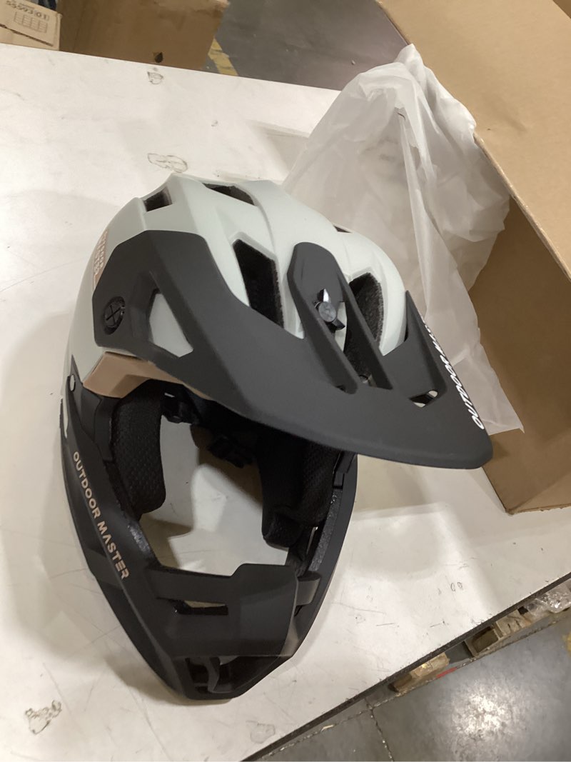 Condition photo showing Good Condition for outdoormaster full face mountain bike helmet, lightweight for bmx/dh | pc + epp, 27 vents, removable liner, 2 d-rings, goggle strap channel, pivoting visor, fits 57-62cm, for downhill/bmx/mtb pearl white small