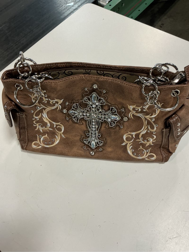 Condition photo showing Good Condition for rhinestone studded large metal cross flora leather shoulder handbag